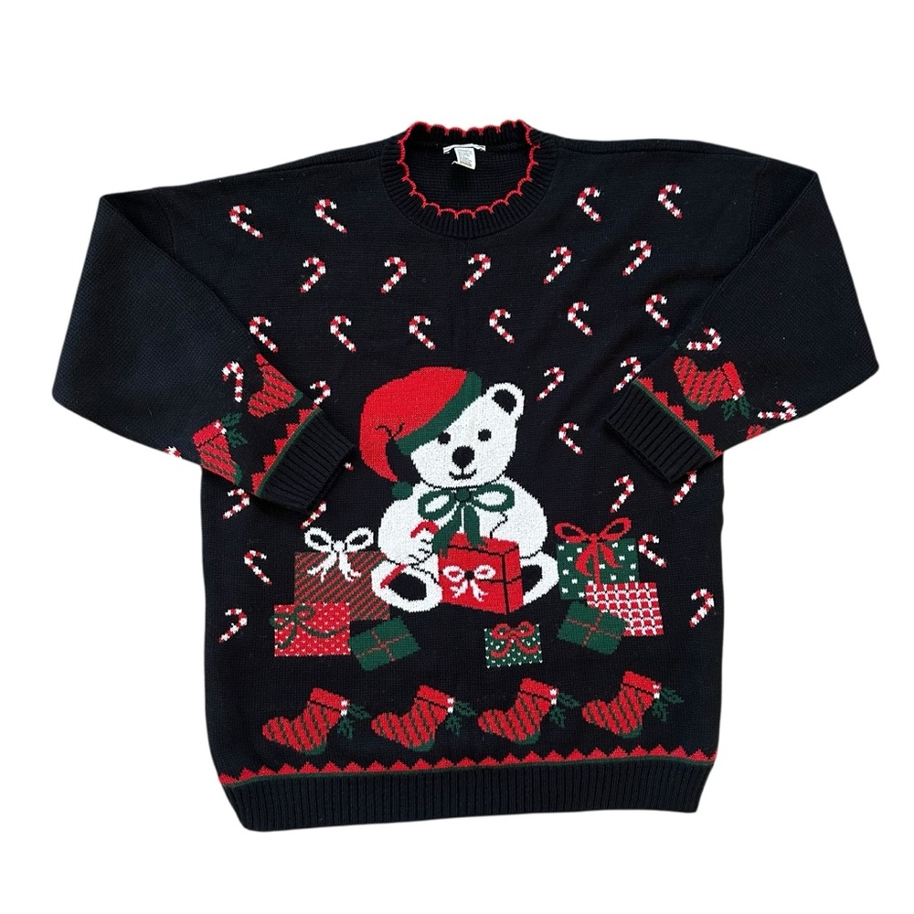 Vintage 90s Black Candy Cane Christmas Teddy Bear Pullover Sweater Size Large